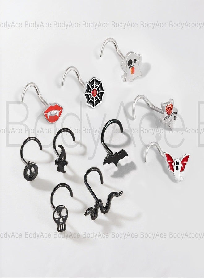 BodyAce 20G Nose Rings Halloween Nostril Studs Black Nose Stud Stainless Steel Nostril Ring L Shaped Nose Piercings Bat Skulls Pumpkins Halloween Jewelry [A:Screw] - Image 4